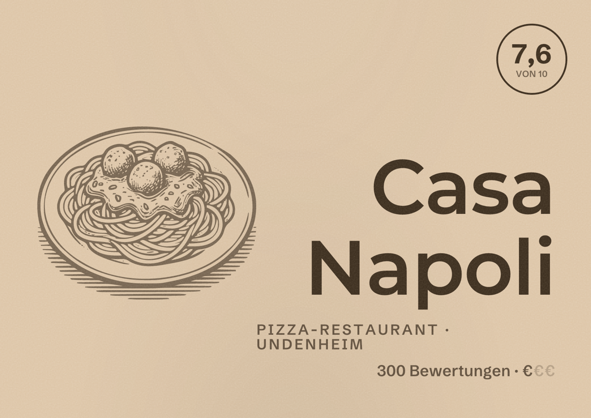 Illustriertes Poster von Casa Napoli, Pizza-Restaurant in Undenheim: Bewertung 7,6 von 10 aus 300 Bewertungen, Preisniveau €