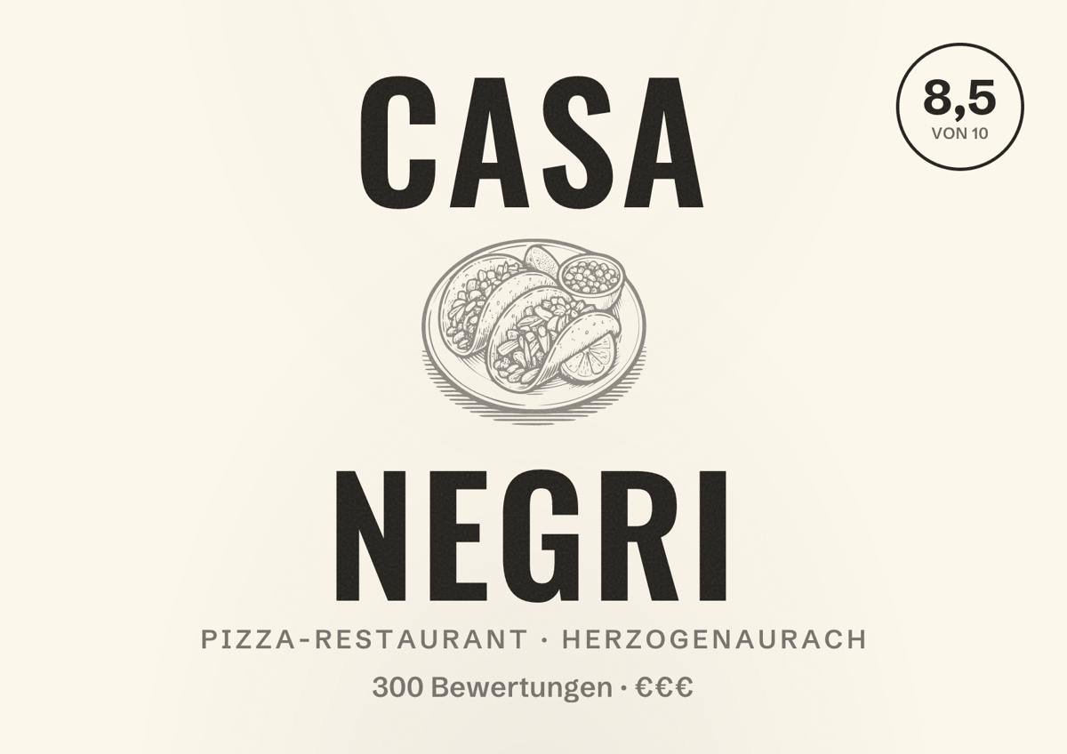Illustriertes Poster von Casa Negri, Pizza-Restaurant in Herzogenaurach: Bewertung 8,5 von 10 aus 300 Bewertungen, Preisniveau €€€