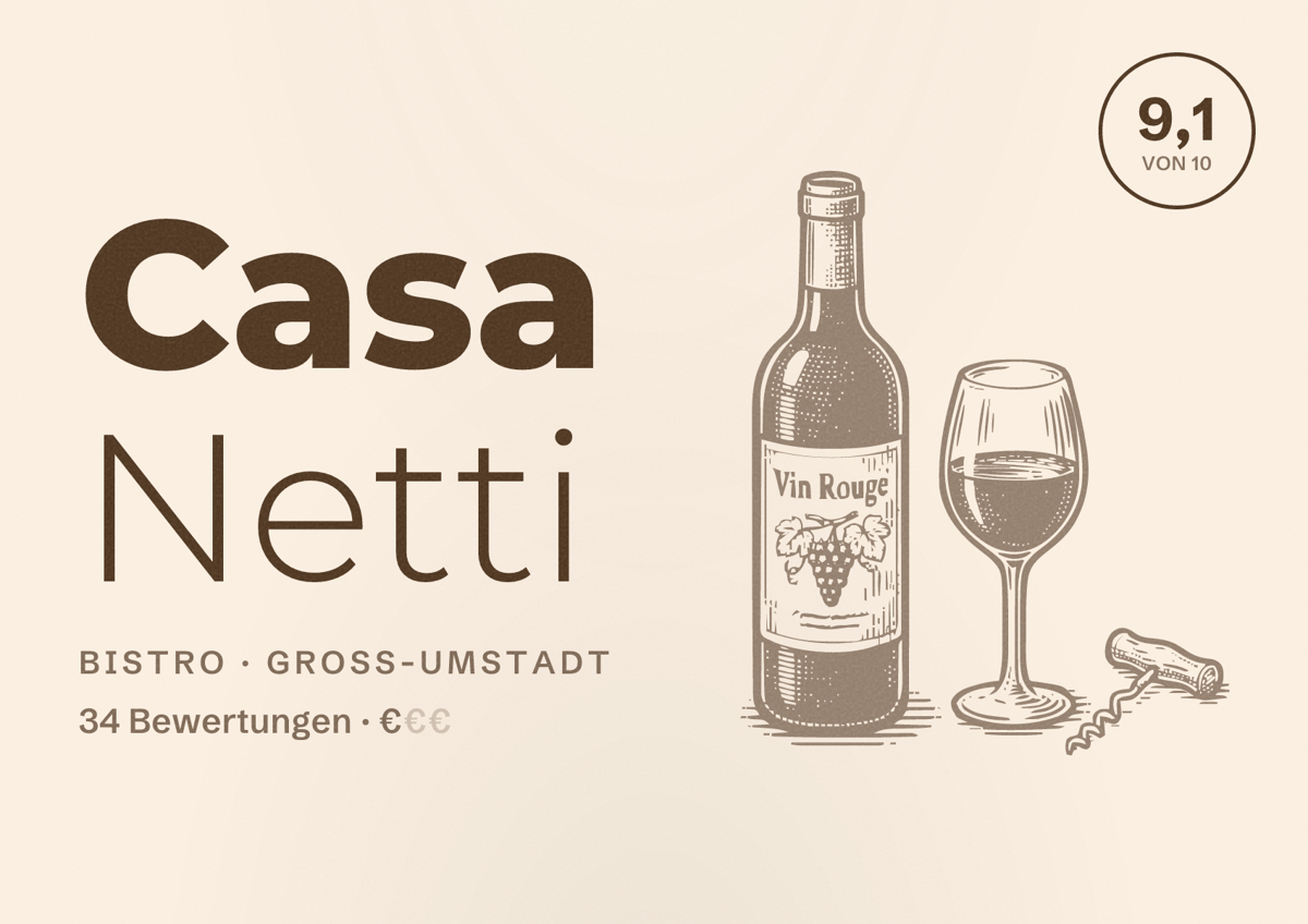 Illustriertes Poster von Casa Netti, Bistro in Groß-Umstadt: Bewertung 9,1 von 10 aus 34 Bewertungen, Preisniveau €