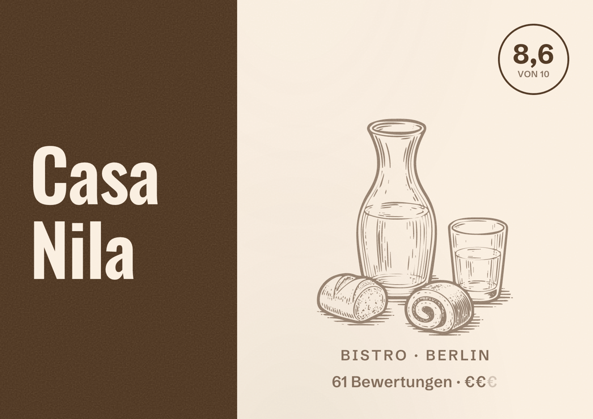 Illustriertes Poster von Casa Nila, Bistro in Berlin: Bewertung 8,6 von 10 aus 61 Bewertungen, Preisniveau €€