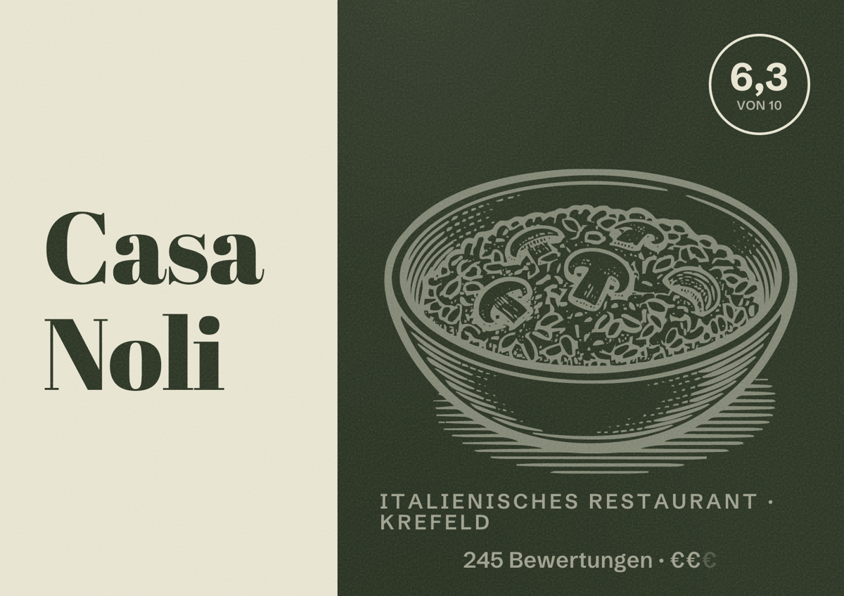 Illustriertes Poster von Casa Noli, Italienisches Restaurant in Krefeld: Bewertung 6,3 von 10 aus 245 Bewertungen, Preisniveau €€