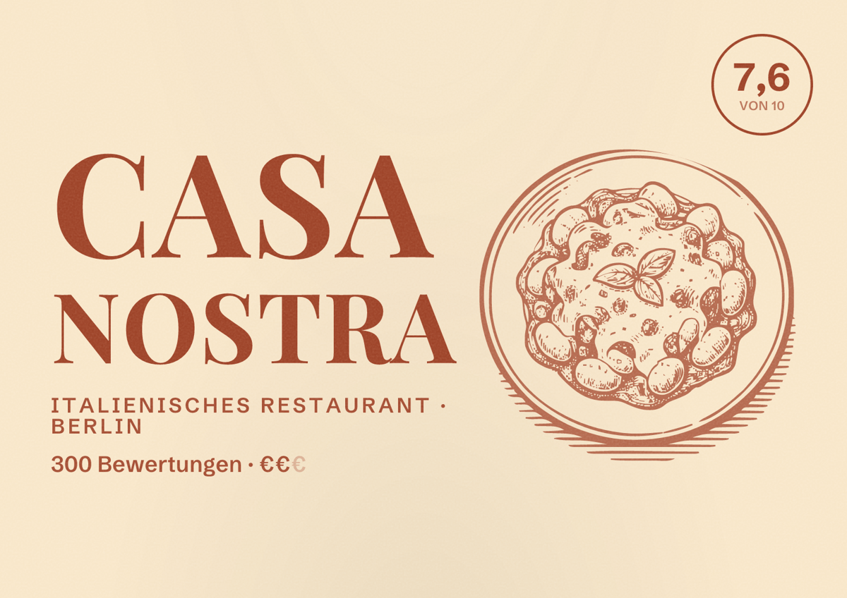 Illustriertes Poster von Casa Nostra, Italienisches Restaurant in Berlin: Bewertung 7,6 von 10 aus 300 Bewertungen, Preisniveau €€