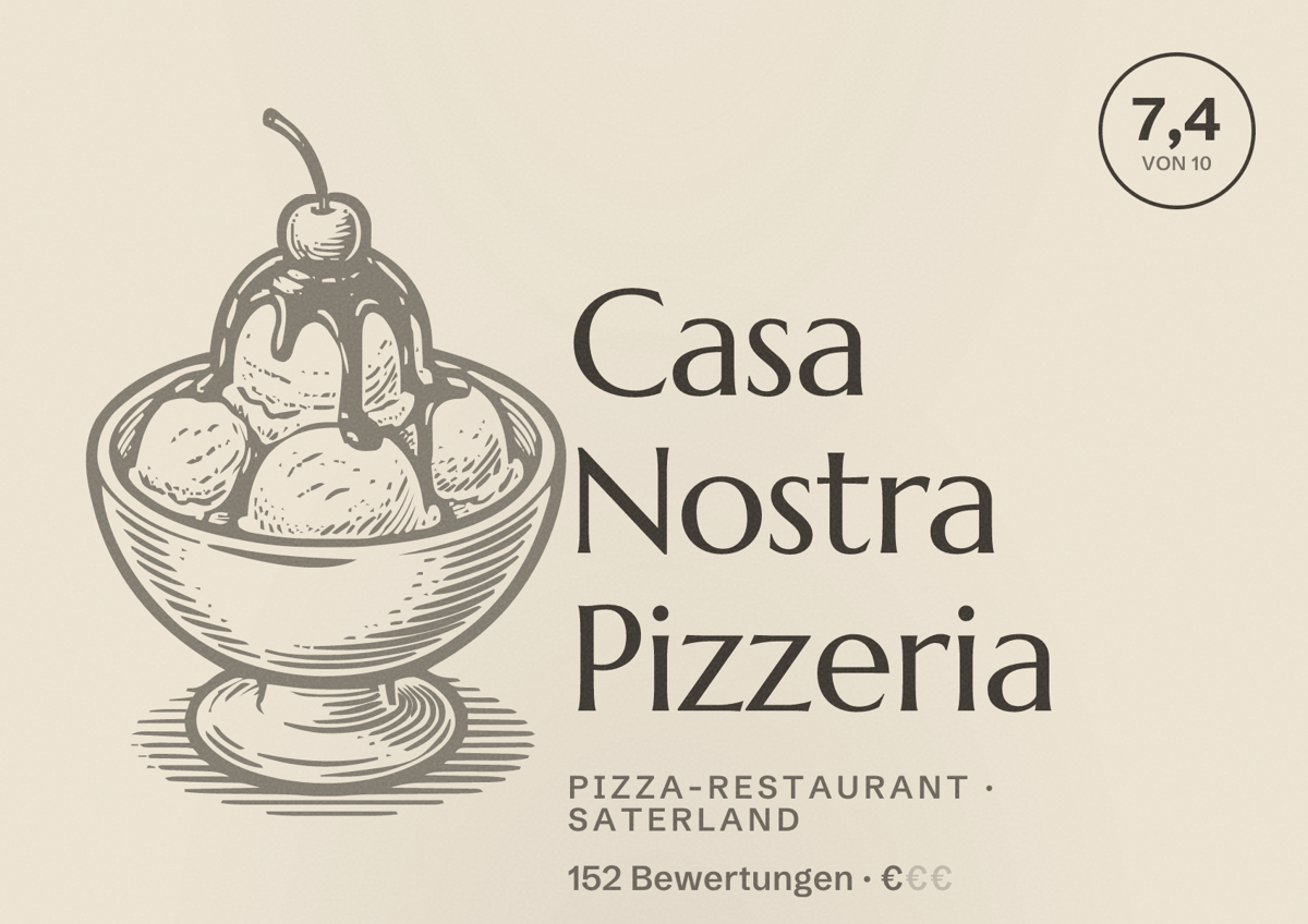 Illustriertes Poster von Casa Nostra Pizzeria, Pizza-Restaurant in Saterland: Bewertung 7,4 von 10 aus 152 Bewertungen, Preisniveau €