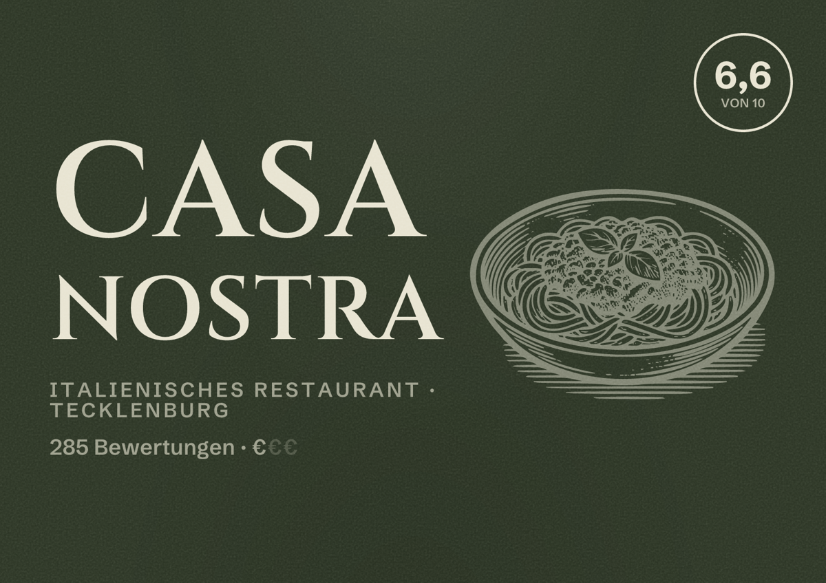 Illustriertes Poster von Casa Nostra, Italienisches Restaurant in Tecklenburg: Bewertung 6,6 von 10 aus 285 Bewertungen, Preisniveau €
