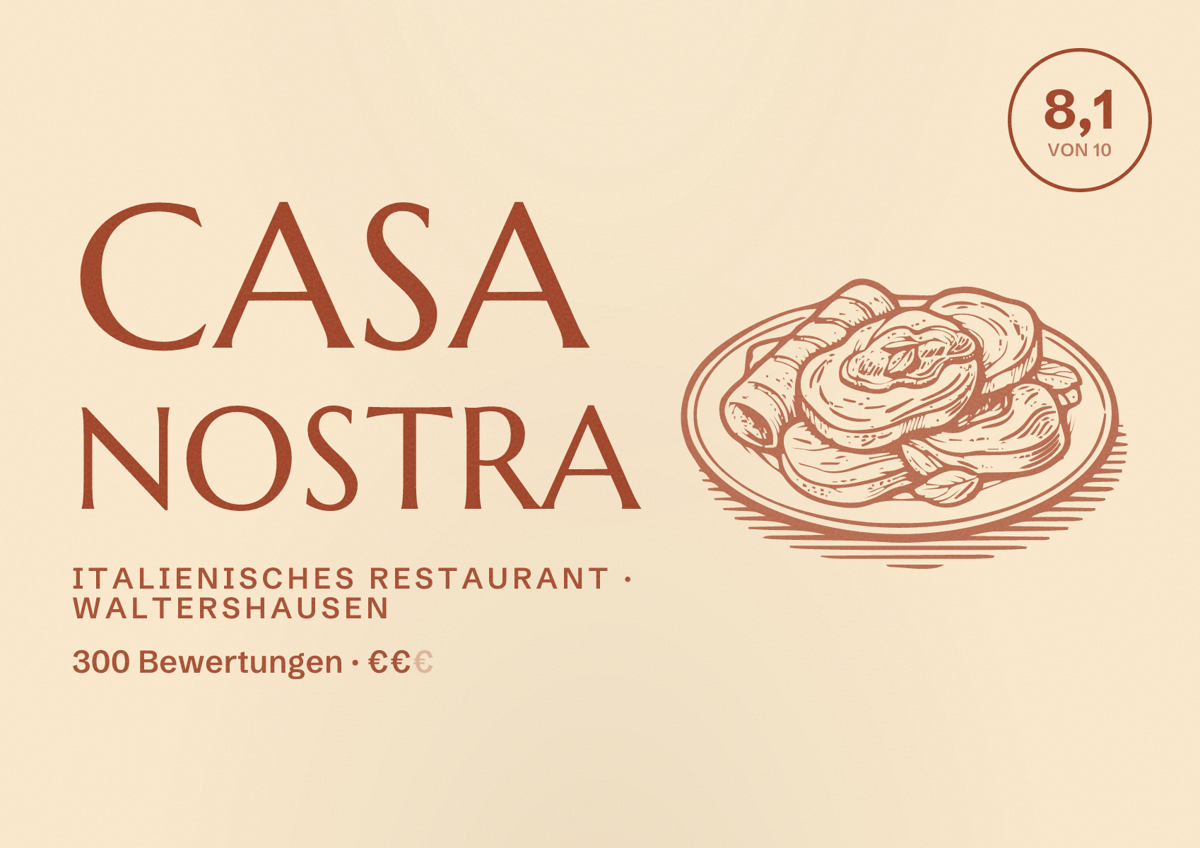 Illustriertes Poster von Casa Nostra, Italienisches Restaurant in Waltershausen: Bewertung 8,1 von 10 aus 300 Bewertungen, Preisniveau €€