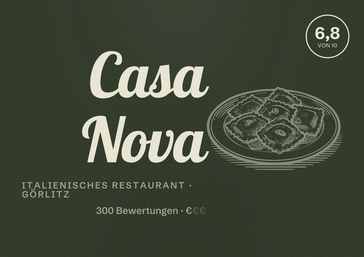 Illustriertes Poster von Casa Nova, Italienisches Restaurant in Görlitz: Bewertung 6,8 von 10 aus 300 Bewertungen, Preisniveau €