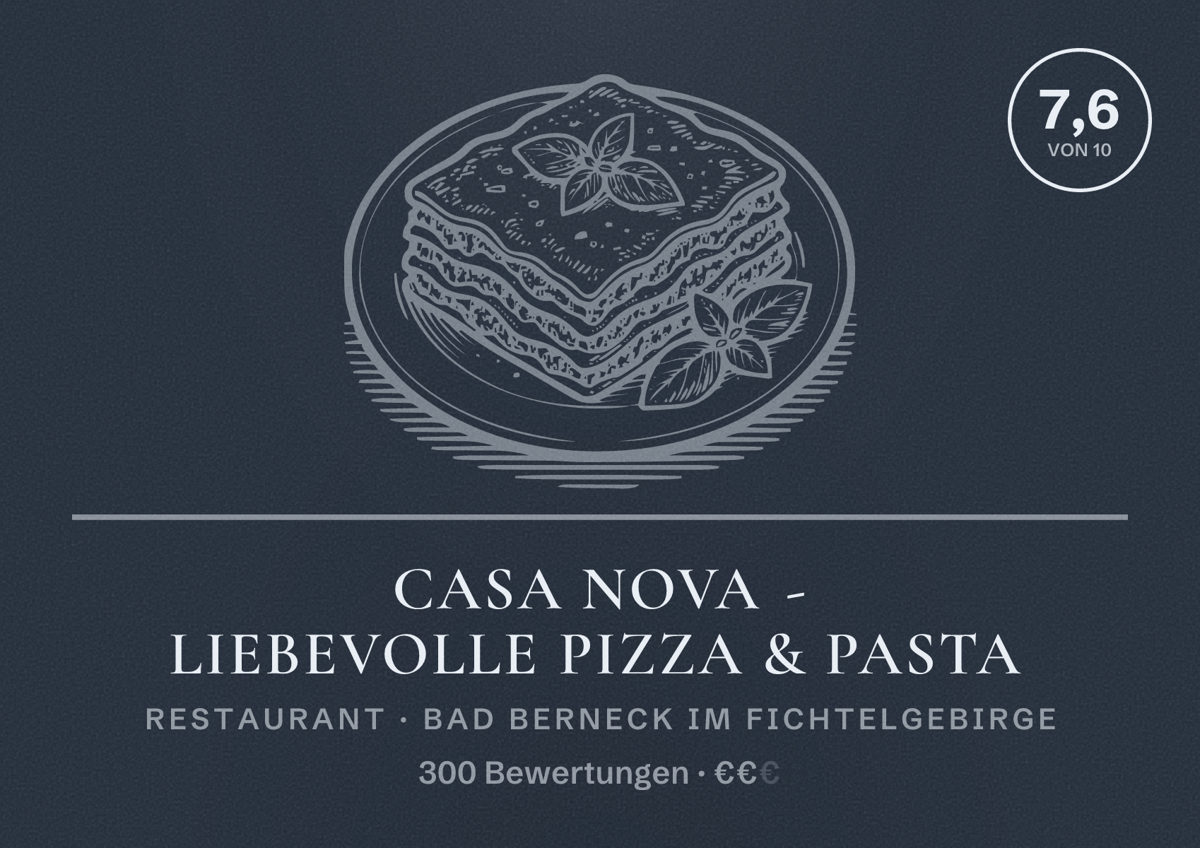 Illustriertes Poster von Casa Nova - Liebevolle Pizza & Pasta, Restaurant in Bad Berneck im Fichtelgebirge: Bewertung 7,6 von 10 aus 300 Bewertungen, Preisniveau €€