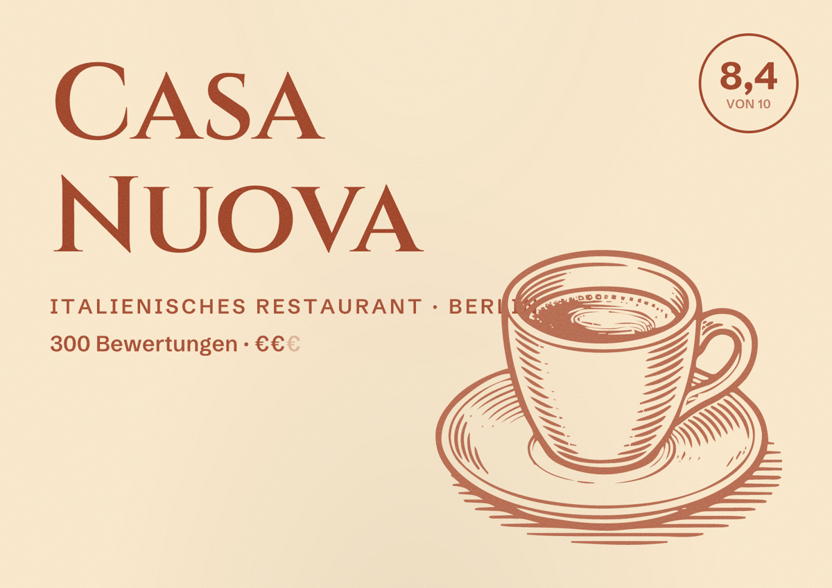Illustriertes Poster von Casa Nuova, Italienisches Restaurant in Berlin: Bewertung 8,4 von 10 aus 300 Bewertungen, Preisniveau €€