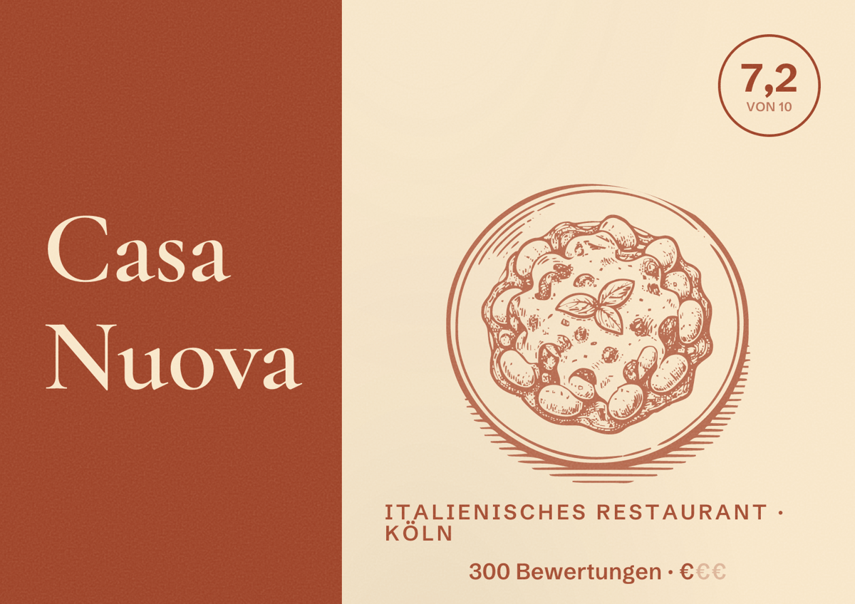 Illustriertes Poster von Casa Nuova, Italienisches Restaurant in Köln: Bewertung 7,2 von 10 aus 300 Bewertungen, Preisniveau €