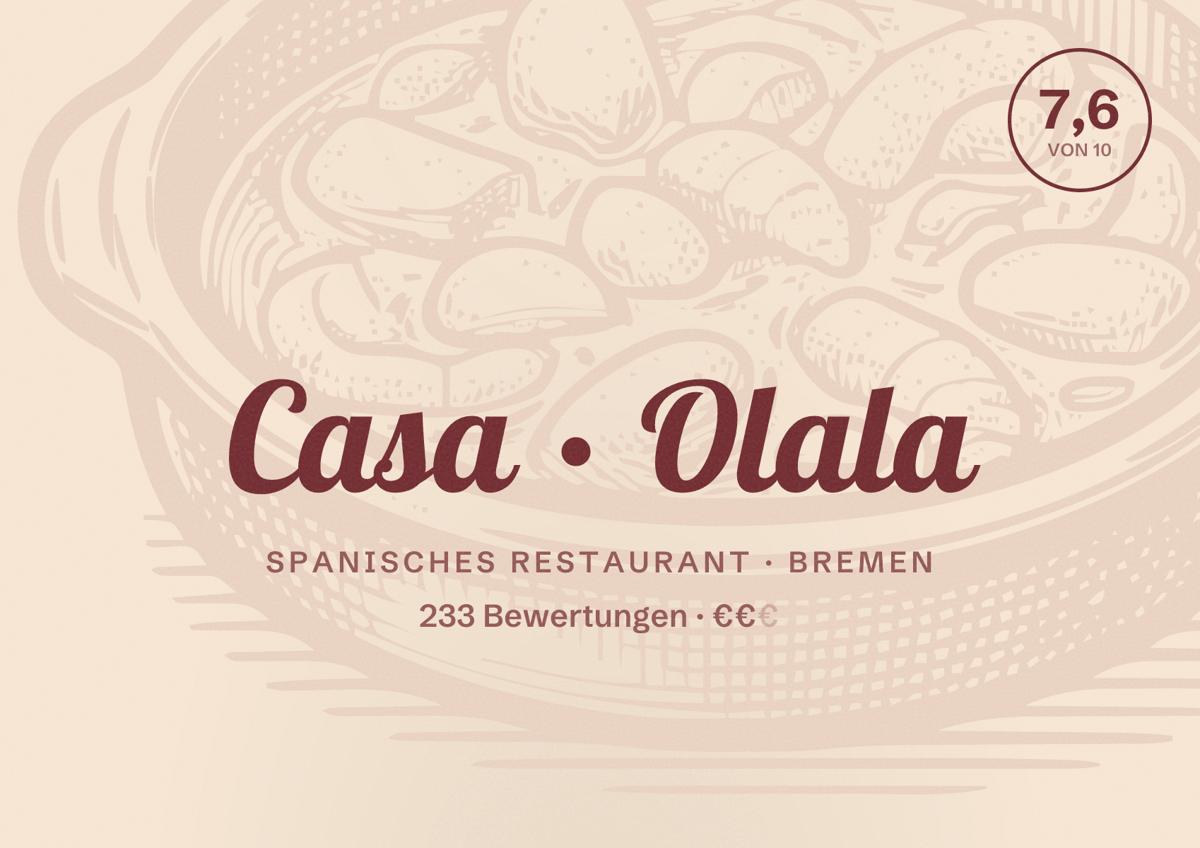 Illustriertes Poster von Casa Olala, Spanisches Restaurant in Bremen: Bewertung 7,6 von 10 aus 233 Bewertungen, Preisniveau €€