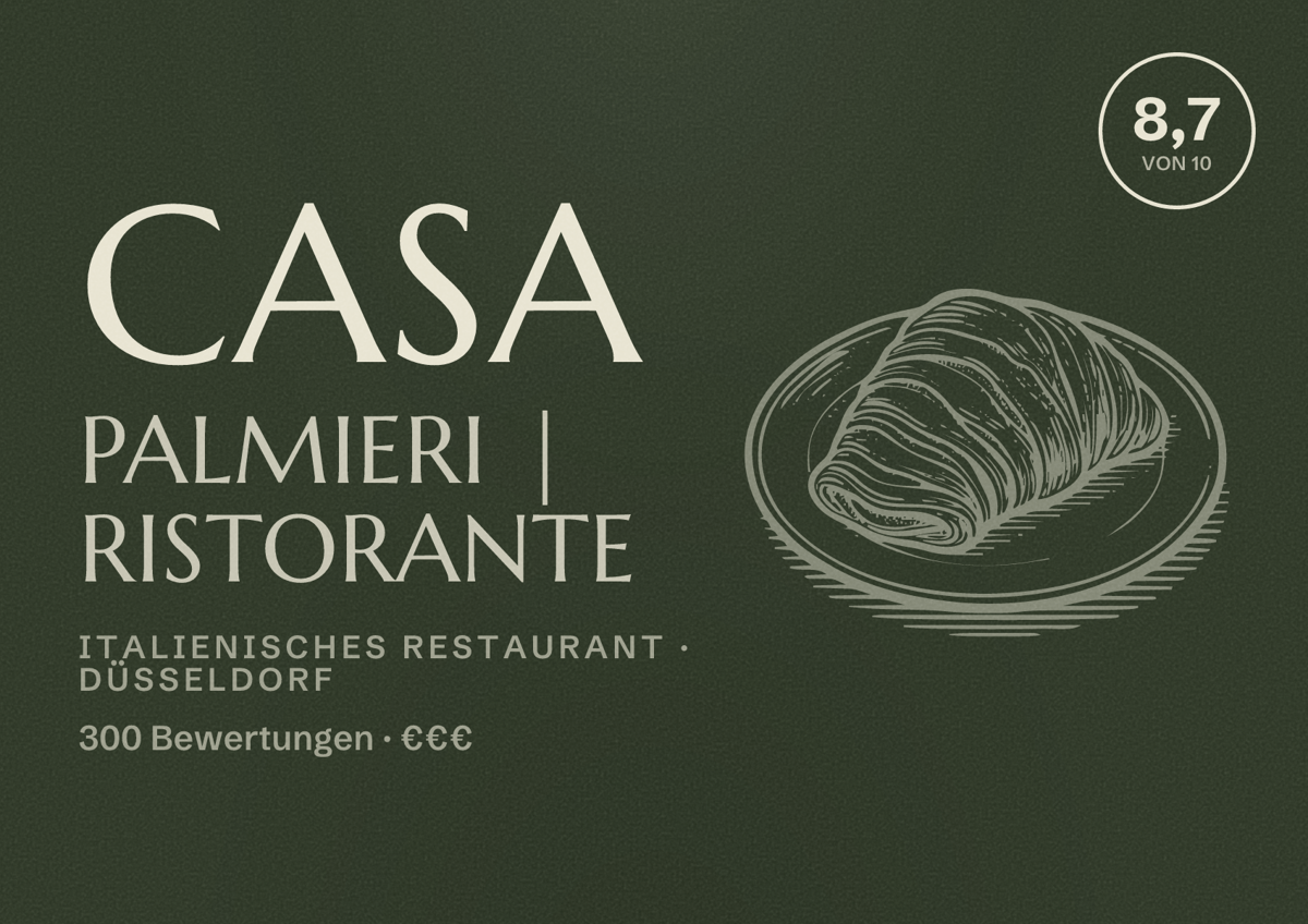 Illustriertes Poster von Casa Palmieri | Ristorante, Italienisches Restaurant in Düsseldorf: Bewertung 8,7 von 10 aus 300 Bewertungen, Preisniveau €€€