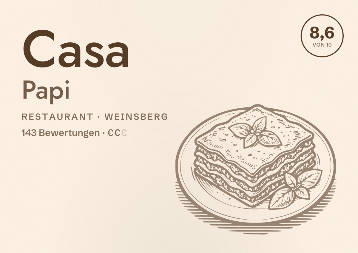 Illustriertes Poster von Casa Papi, Restaurant in Weinsberg: Bewertung 8,6 von 10 aus 143 Bewertungen, Preisniveau €€