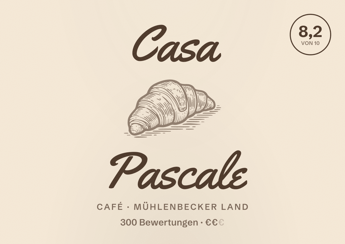 Illustriertes Poster von Casa Pascale, Café in Mühlenbecker Land: Bewertung 8,2 von 10 aus 300 Bewertungen, Preisniveau €€