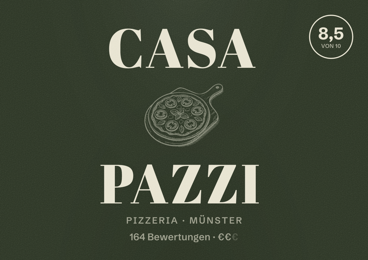 Illustriertes Poster von Casa Pazzi, Pizzeria in Münster: Bewertung 8,5 von 10 aus 164 Bewertungen, Preisniveau €€