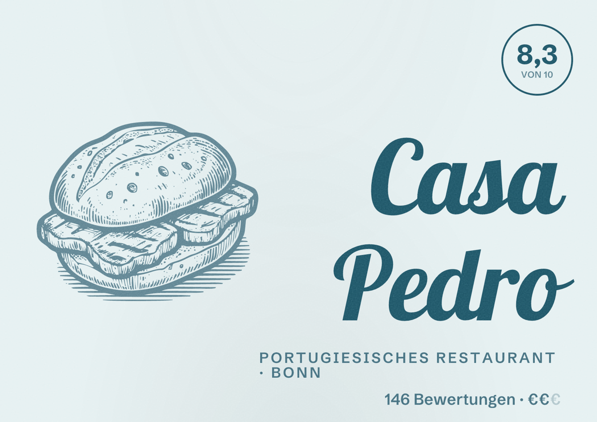Illustriertes Poster von Casa Pedro, Portugiesisches Restaurant in Bonn: Bewertung 8,3 von 10 aus 146 Bewertungen, Preisniveau €€
