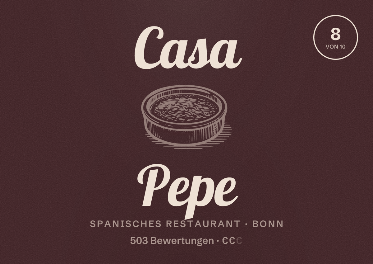 Illustriertes Poster von Casa Pepe, Spanisches Restaurant in Bonn: Bewertung 8 von 10 aus 503 Bewertungen, Preisniveau €€