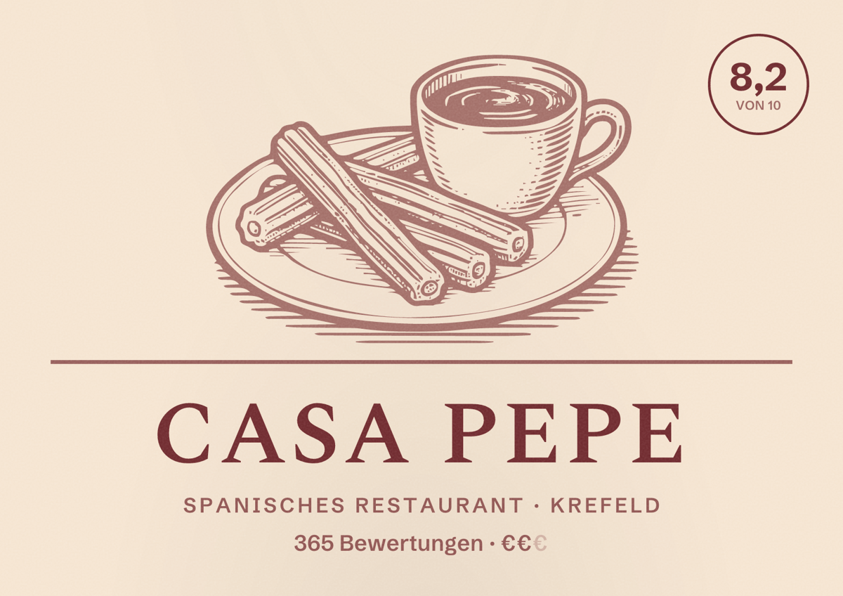 Illustriertes Poster von Casa Pepe, Spanisches Restaurant in Krefeld: Bewertung 8,2 von 10 aus 365 Bewertungen, Preisniveau €€