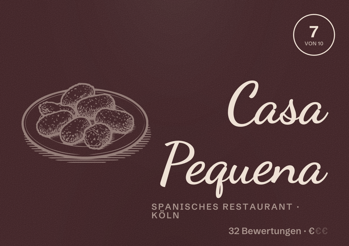 Illustriertes Poster von Casa Pequena, Spanisches Restaurant in Köln: Bewertung 7,0 von 10 aus 32 Bewertungen, Preisniveau €