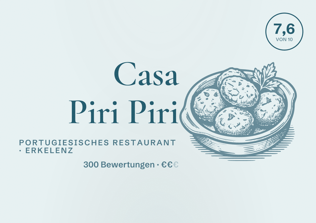 Illustriertes Poster von Casa Piri Piri, Portugiesisches Restaurant in Erkelenz: Bewertung 7,6 von 10 aus 300 Bewertungen, Preisniveau €€