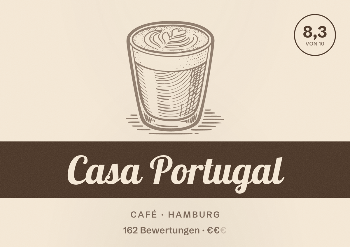 Illustriertes Poster von Casa Portugal, Café in Hamburg: Bewertung 8,3 von 10 aus 162 Bewertungen, Preisniveau €€