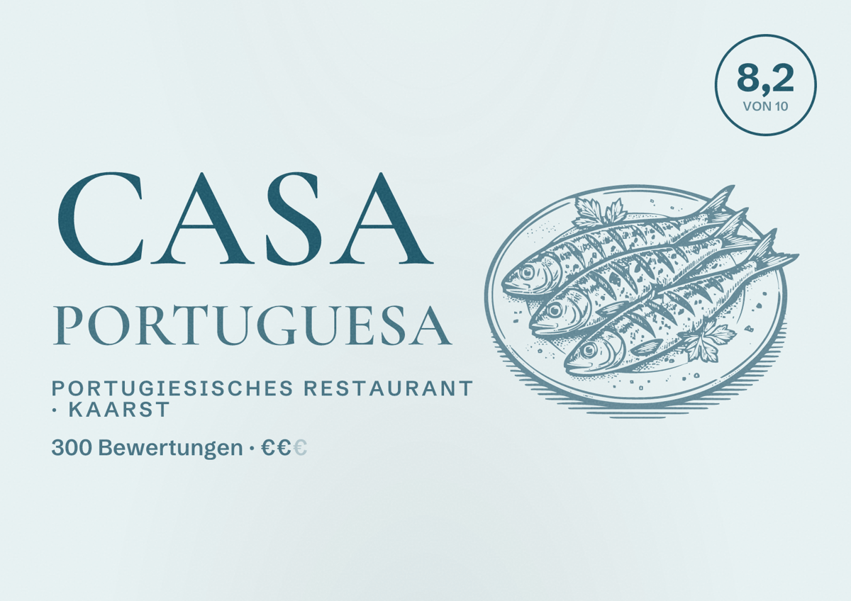 Illustriertes Poster von Casa Portuguesa, Portugiesisches Restaurant in Kaarst: Bewertung 8,2 von 10 aus 300 Bewertungen, Preisniveau €€