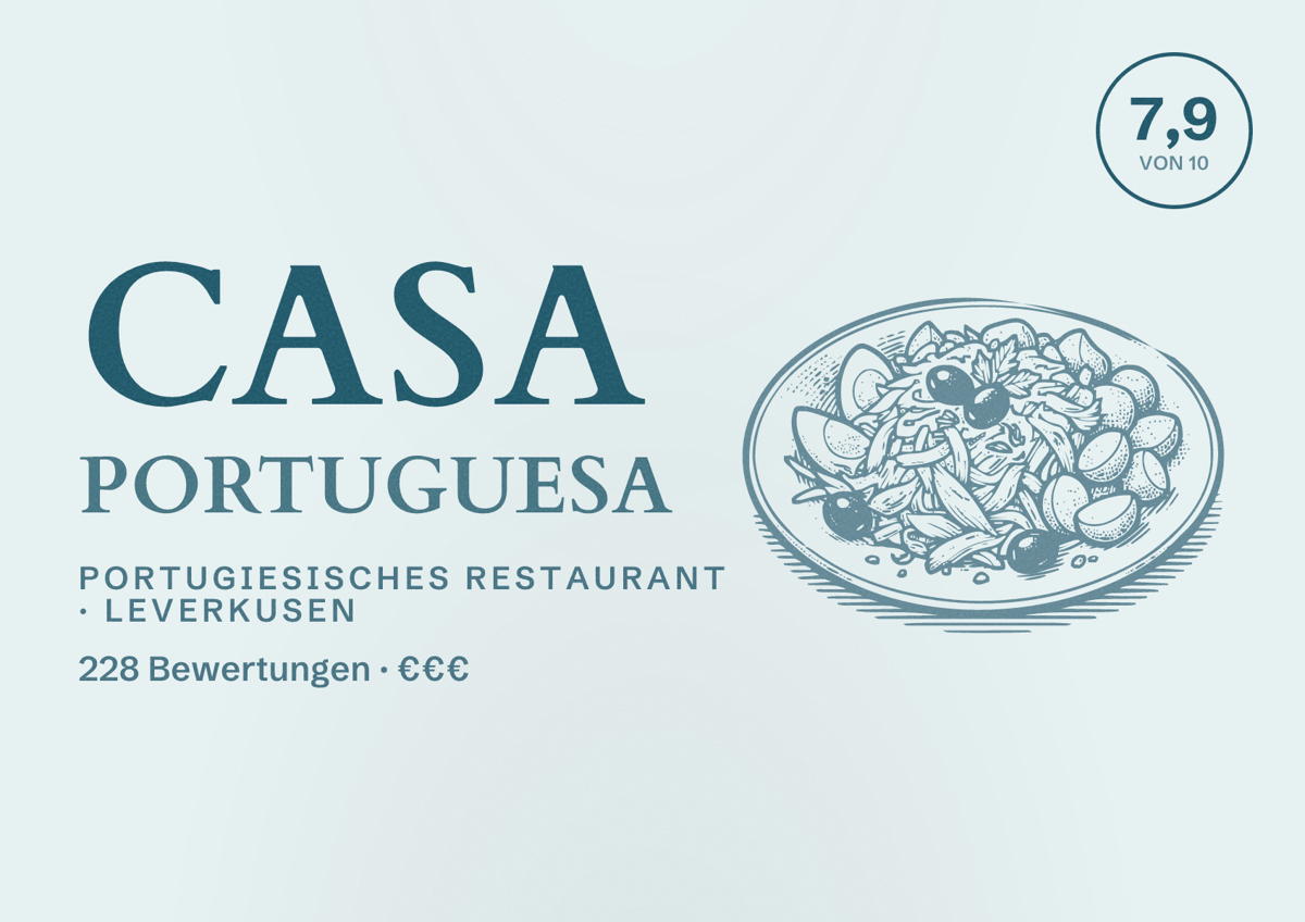 Illustriertes Poster von Casa Portuguesa, Portugiesisches Restaurant in Leverkusen: Bewertung 7,9 von 10 aus 228 Bewertungen, Preisniveau €€€