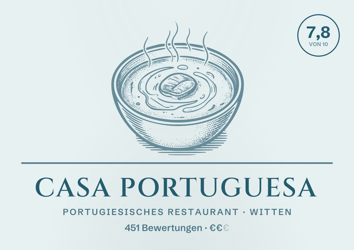 Illustriertes Poster von Casa Portuguesa, Portugiesisches Restaurant in Witten: Bewertung 7,8 von 10 aus 451 Bewertungen, Preisniveau €€