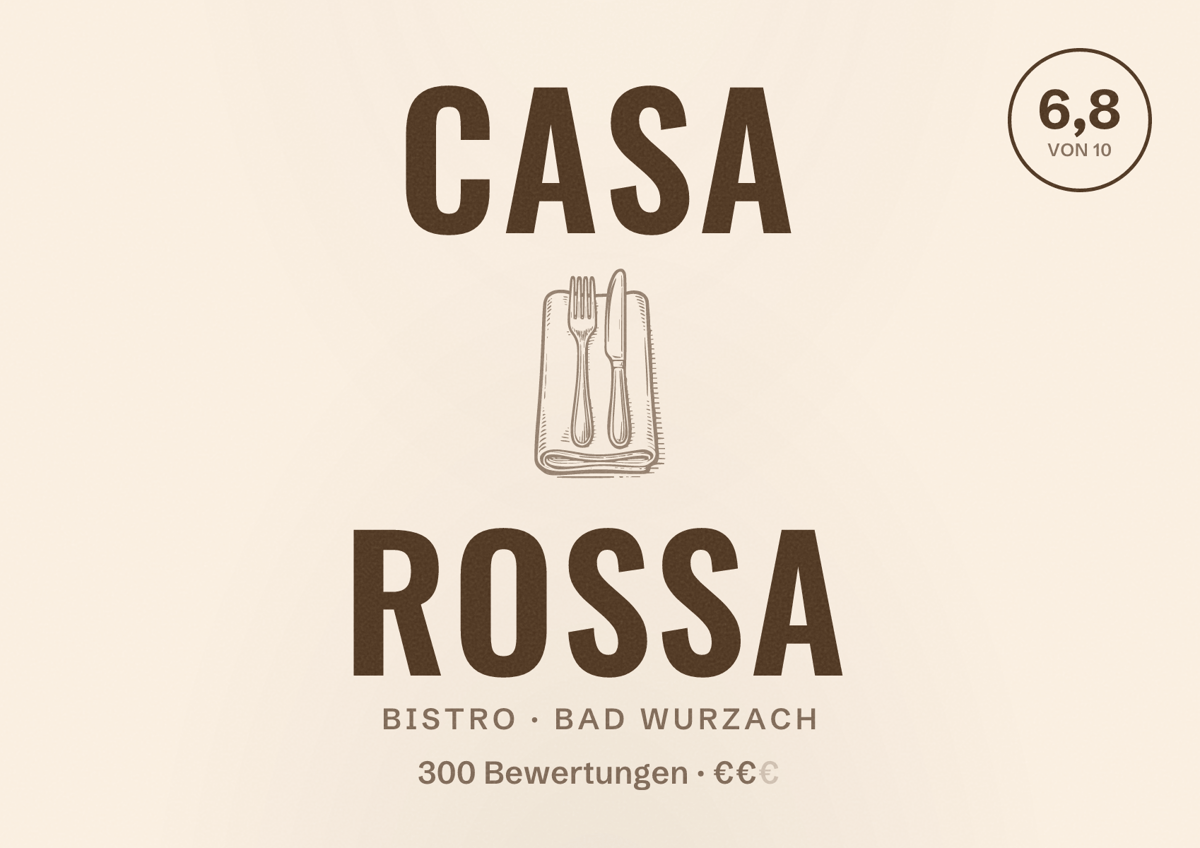 Illustriertes Poster von Casa Rossa, Bistro in Bad Wurzach: Bewertung 6,8 von 10 aus 300 Bewertungen, Preisniveau €€