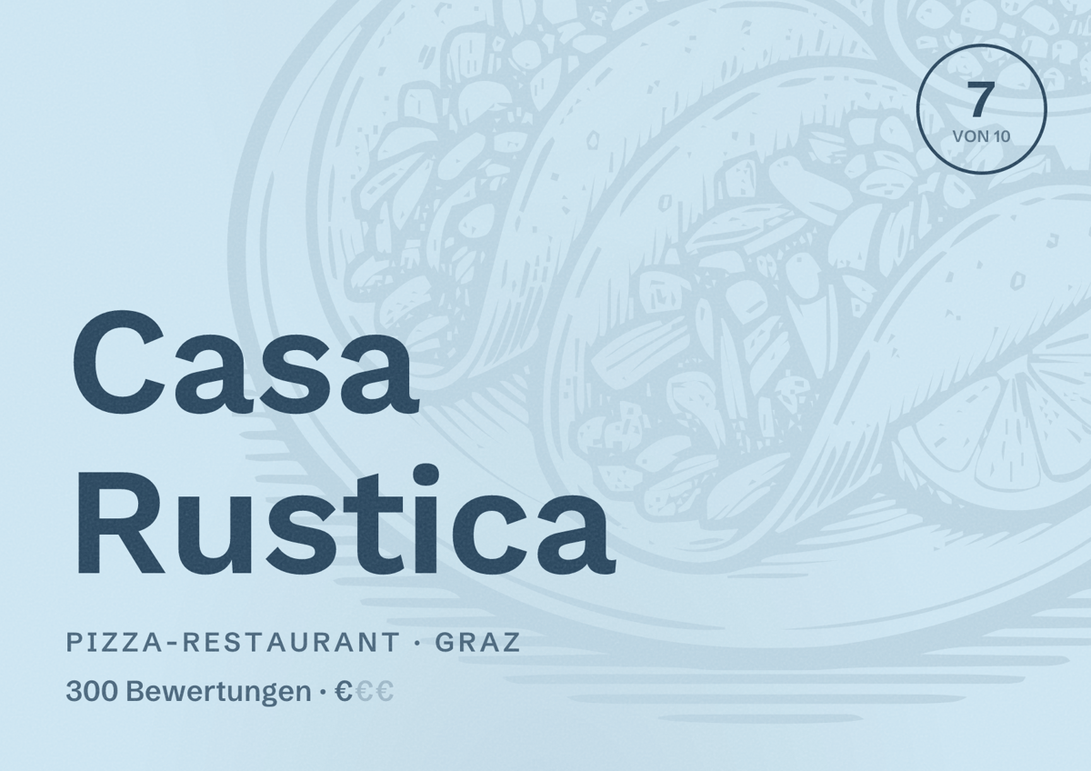 Illustriertes Poster von Casa Rustica, Pizza-Restaurant in Graz: Bewertung 7 von 10 aus 300 Bewertungen, Preisniveau €