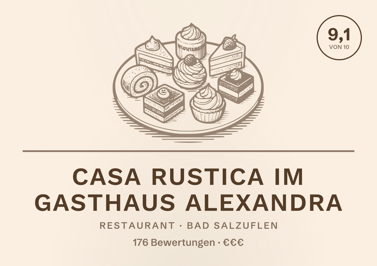 Illustriertes Poster von Casa Rustica im Gasthaus Alexandra, Restaurant in Bad Salzuflen: Bewertung 9,1 von 10 aus 176 Bewertungen, Preisniveau €€€