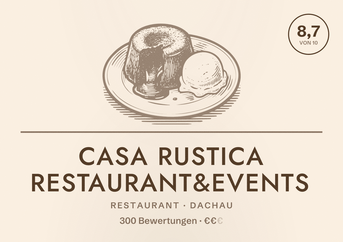 Illustriertes Poster von Casa Rustica Restaurant&Events, Restaurant in Dachau: Bewertung 8,7 von 10 aus 300 Bewertungen, Preisniveau €€
