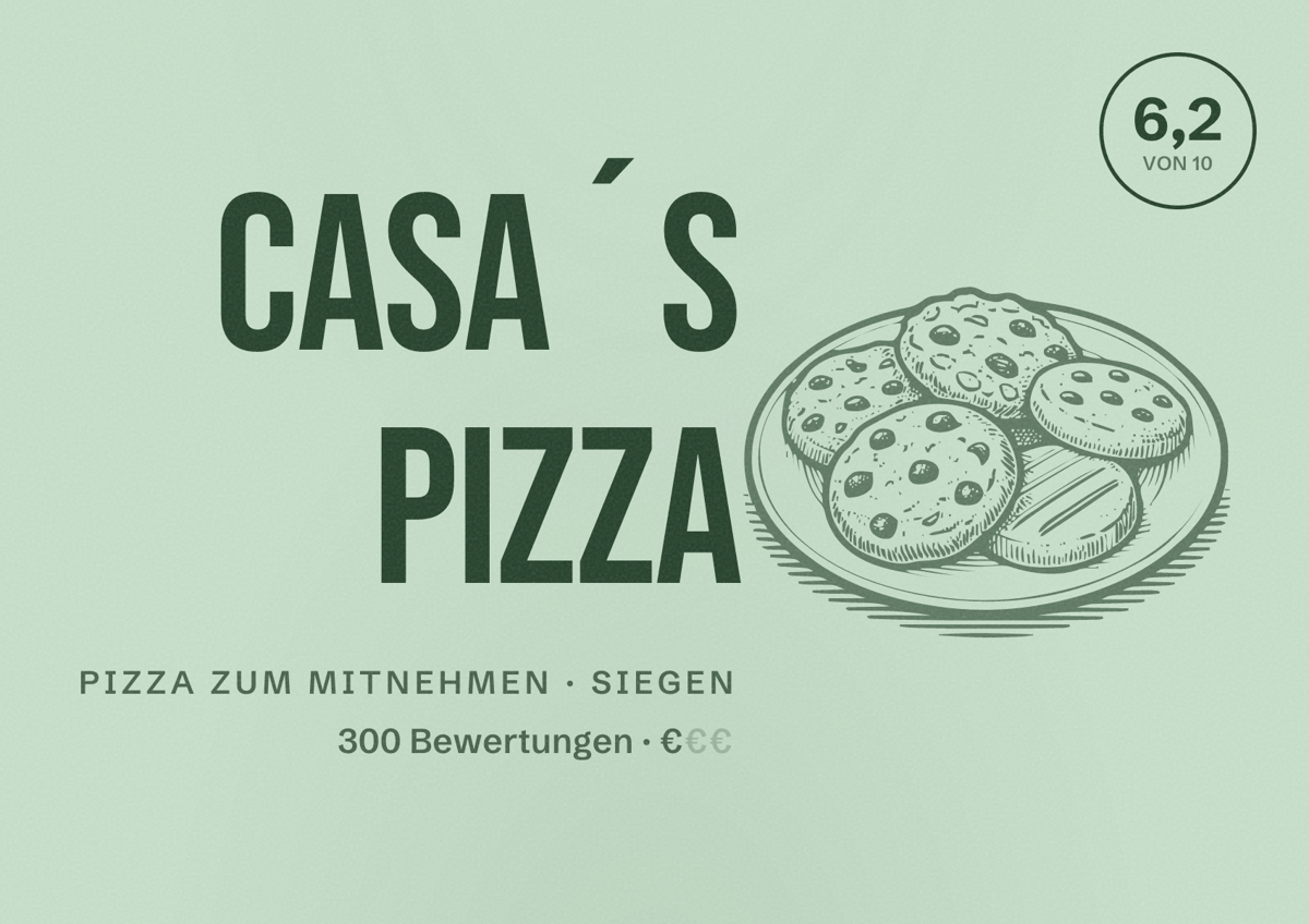 Illustriertes Poster von Casa´s Pizza, Pizza zum Mitnehmen in Siegen: Bewertung 6,2 von 10 aus 300 Bewertungen, Preisniveau €