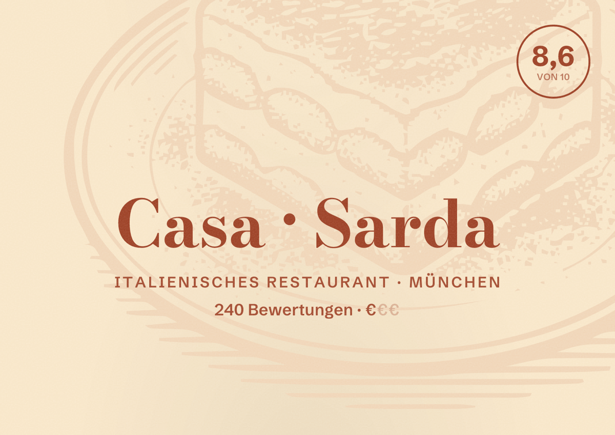 Illustriertes Poster von Casa Sarda, Italienisches Restaurant in München: Bewertung 8,6 von 10 aus 240 Bewertungen, Preisniveau €