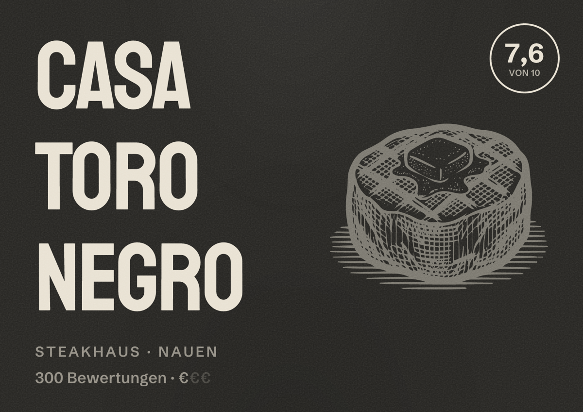 Illustriertes Poster von Casa Toro Negro, Steakhaus in Nauen: Bewertung 7,6 von 10 aus 300 Bewertungen, Preisniveau €