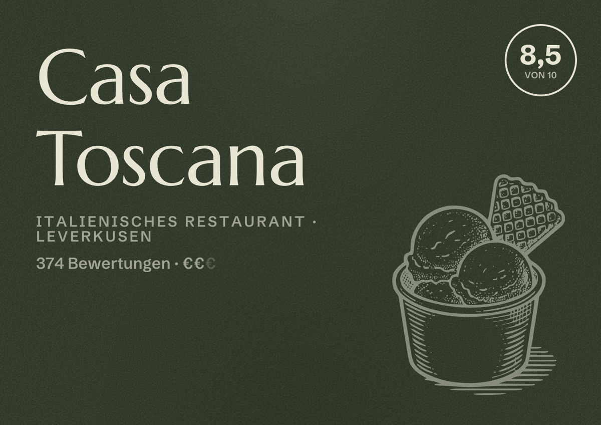 Illustriertes Poster von Casa Toscana, Italienisches Restaurant in Leverkusen: Bewertung 8,5 von 10 aus 374 Bewertungen, Preisniveau €€