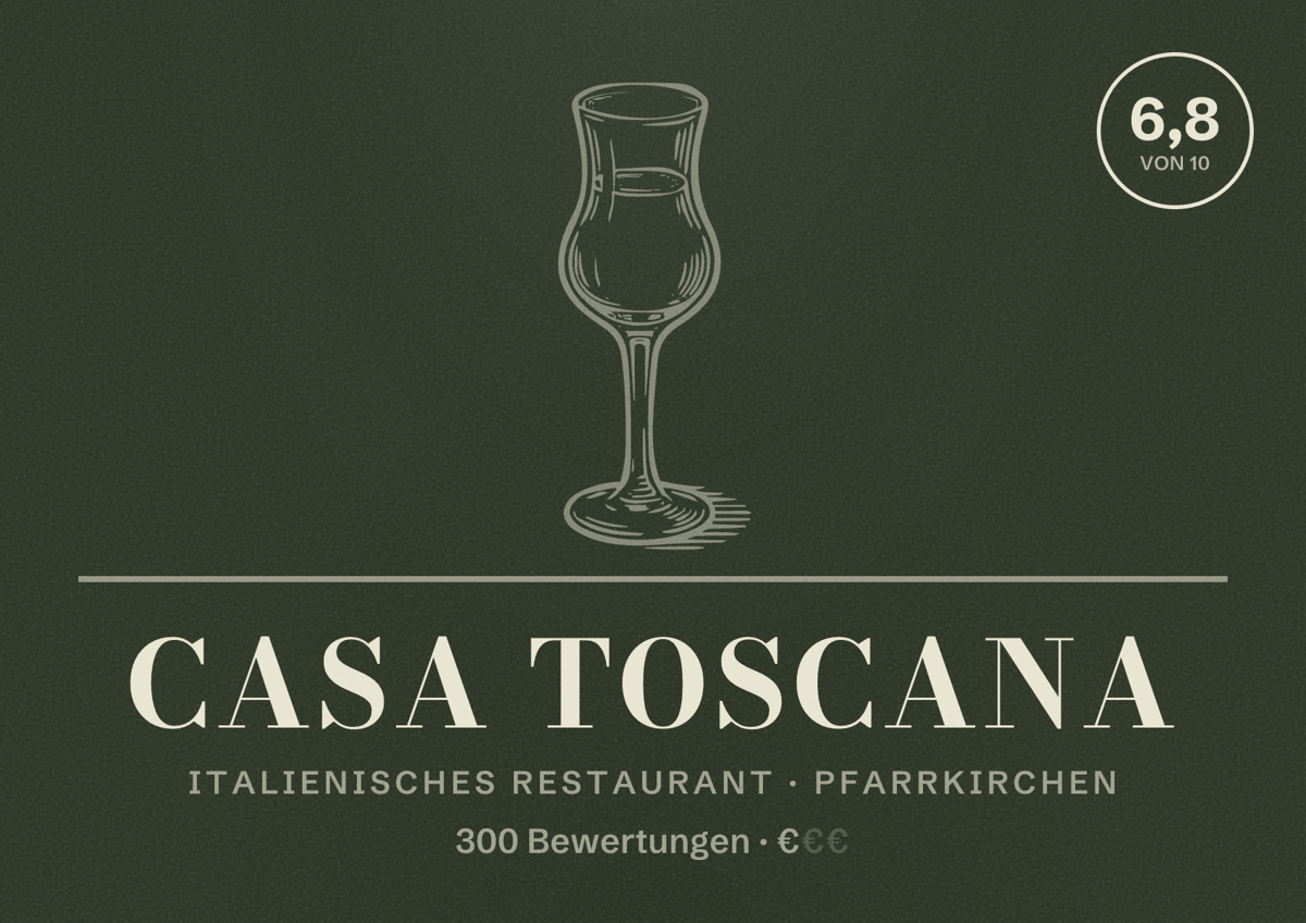 Illustriertes Poster von Casa Toscana, Italienisches Restaurant in Pfarrkirchen: Bewertung 6,8 von 10 aus 300 Bewertungen, Preisniveau €