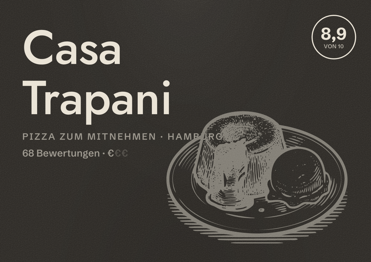 Illustriertes Poster von Casa Trapani, Pizza zum Mitnehmen in Hamburg: Bewertung 8,9 von 10 aus 68 Bewertungen, Preisniveau €