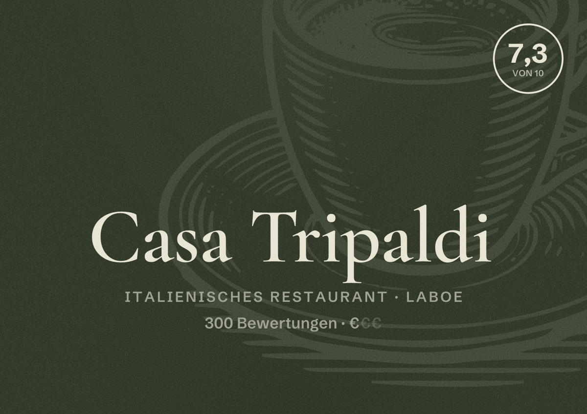 Illustriertes Poster von Casa Tripaldi, Italienisches Restaurant in Laboe: Bewertung 7,3 von 10 aus 300 Bewertungen, Preisniveau €