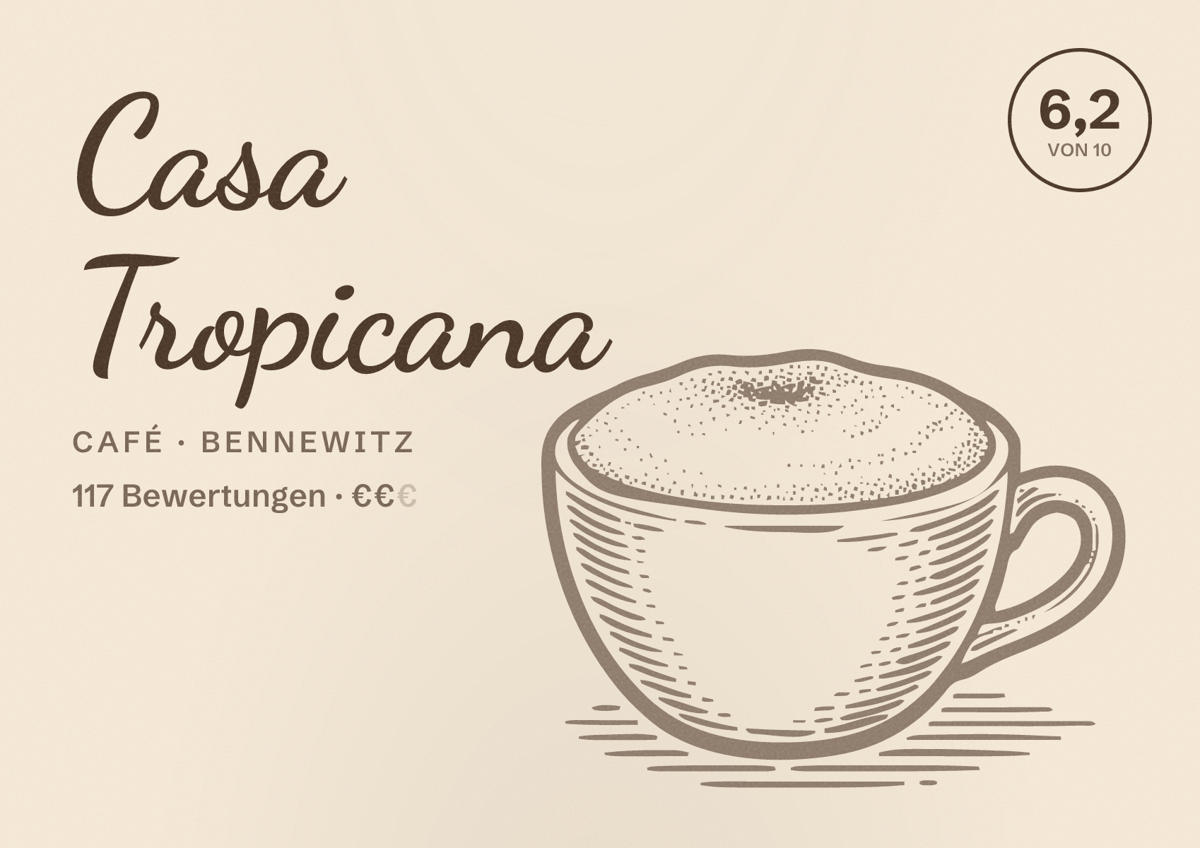 Illustriertes Poster von Casa Tropicana, Café in Bennewitz: Bewertung 6,2 von 10 aus 117 Bewertungen, Preisniveau €€