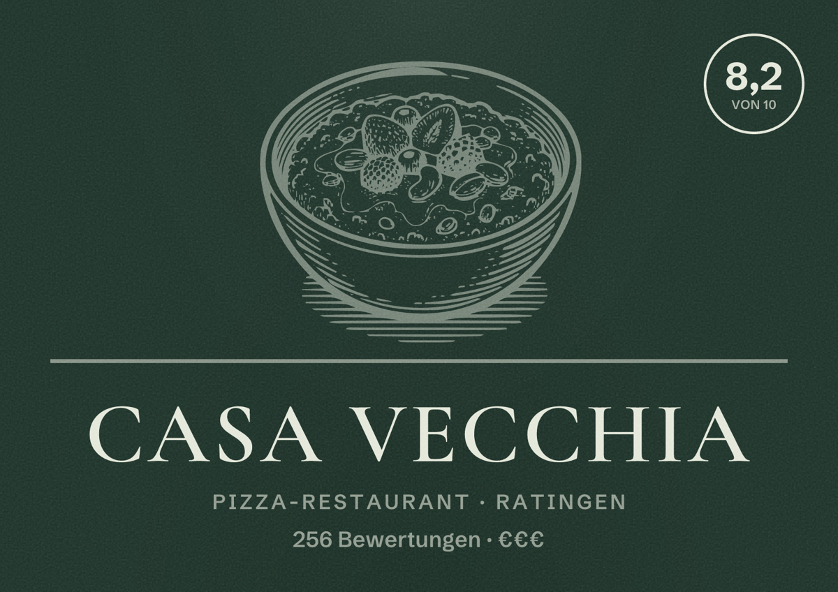 Illustriertes Poster von Casa Vecchia, Pizza-Restaurant in Ratingen: Bewertung 8,2 von 10 aus 256 Bewertungen, Preisniveau €€€