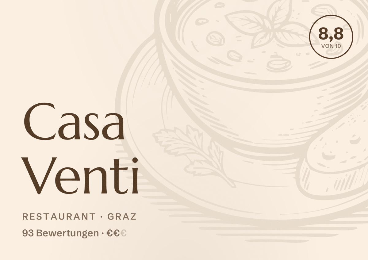 Illustriertes Poster von Casa Venti, Restaurant in Graz: Bewertung 8,8 von 10 aus 93 Bewertungen, Preisniveau €€