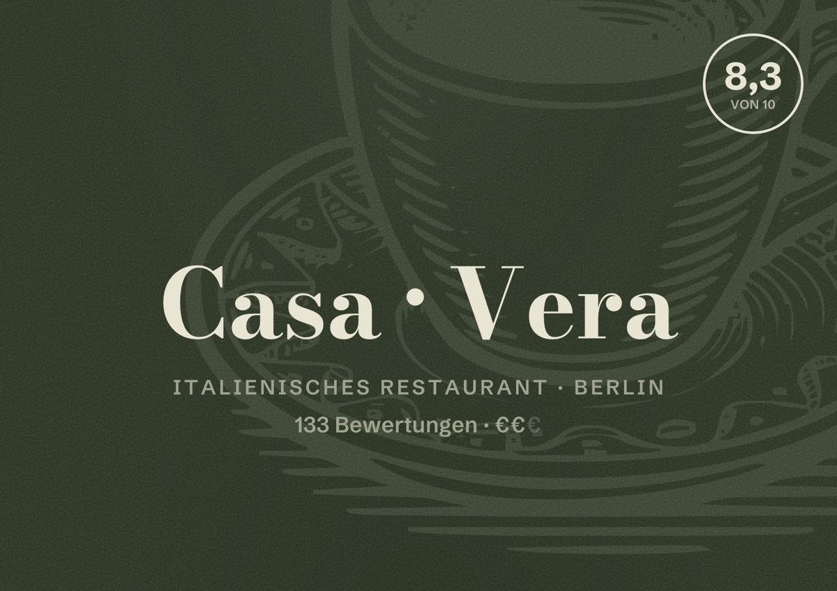 Illustriertes Poster von Casa Vera, Italienisches Restaurant in Berlin: Bewertung 8,3 von 10 aus 133 Bewertungen, Preisniveau €€