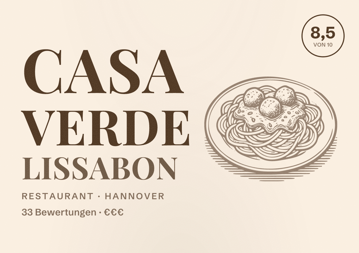 Illustriertes Poster von Casa Verde Lissabon, Restaurant in Hannover: Bewertung 8,5 von 10 aus 33 Bewertungen, Preisniveau €€€
