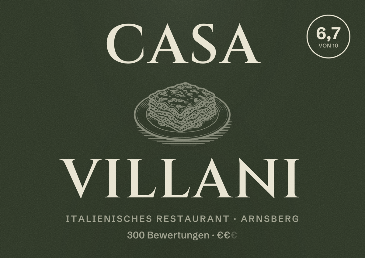 Illustriertes Poster von Casa Villani, Italienisches Restaurant in Arnsberg: Bewertung 6,7 von 10 aus 300 Bewertungen, Preisniveau €€