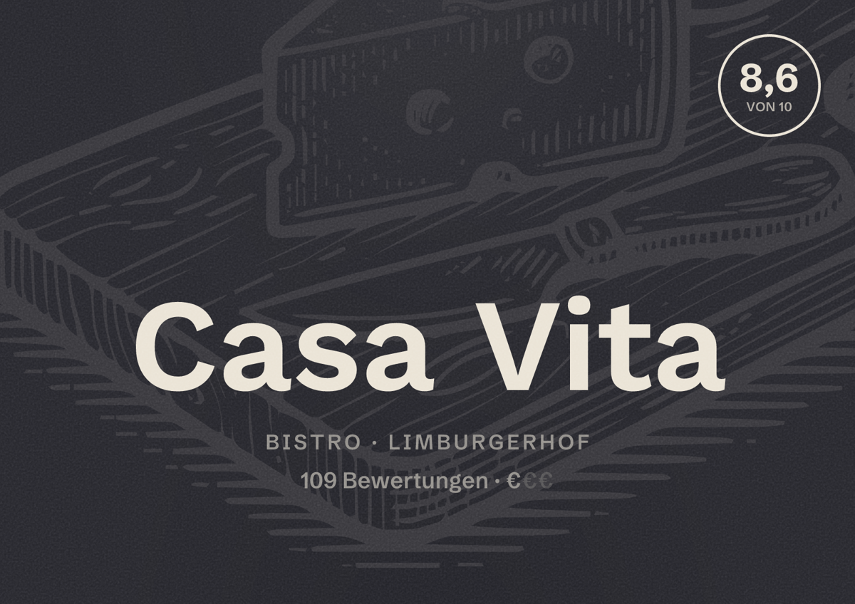 Illustriertes Poster von Casa Vita, Bistro in Limburgerhof: Bewertung 8,6 von 10 aus 109 Bewertungen, Preisniveau €