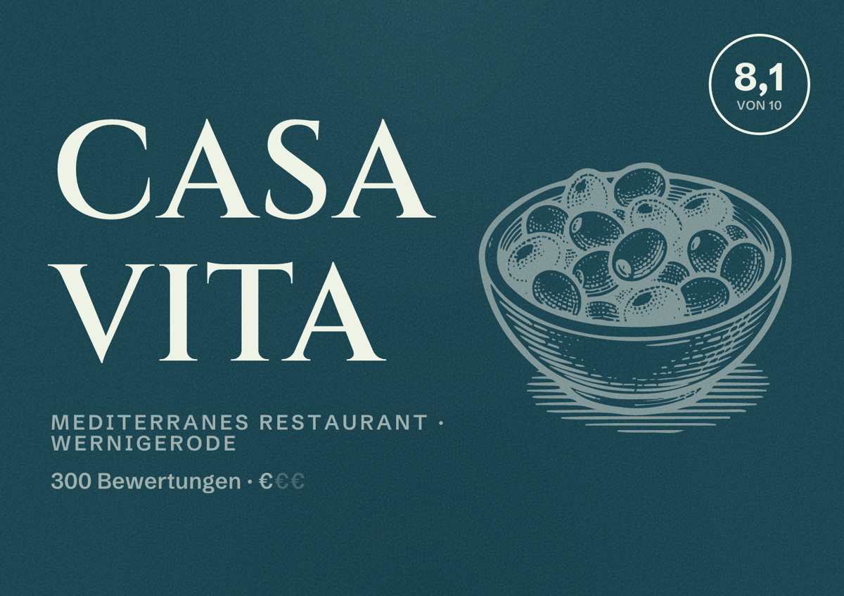 Illustriertes Poster von Casa Vita, Mediterranes Restaurant in Wernigerode: Bewertung 8,1 von 10 aus 300 Bewertungen, Preisniveau €