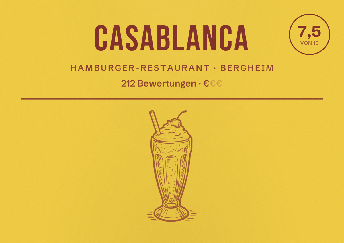 Illustriertes Poster von Casablanca, Hamburger-Restaurant in Bergheim: Bewertung 7,5 von 10 aus 212 Bewertungen, Preisniveau €