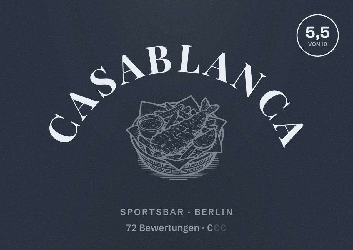 Illustriertes Poster von Casablanca, Sportsbar in Berlin: Bewertung 5,5 von 10 aus 72 Bewertungen, Preisniveau €