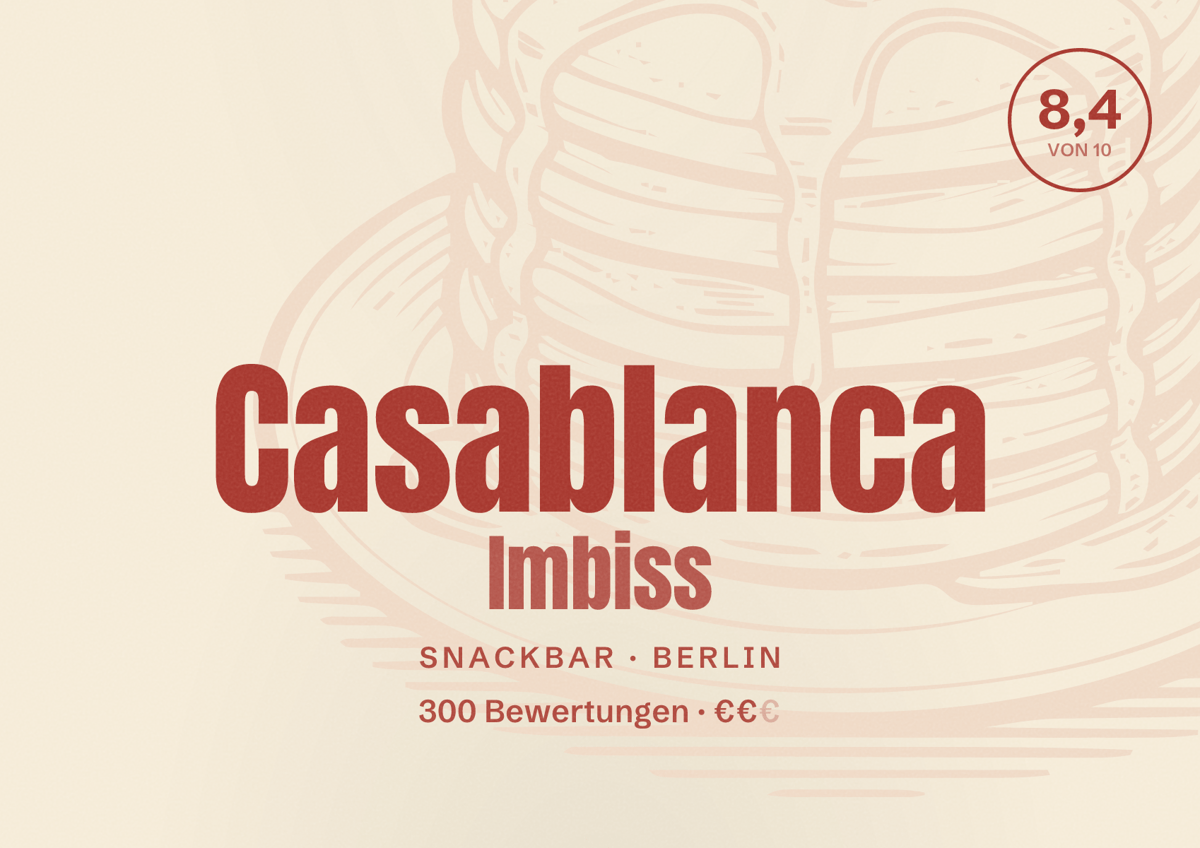 Illustriertes Poster von Casablanca Imbiss, Snackbar in Berlin: Bewertung 8,4 von 10 aus 300 Bewertungen, Preisniveau €€