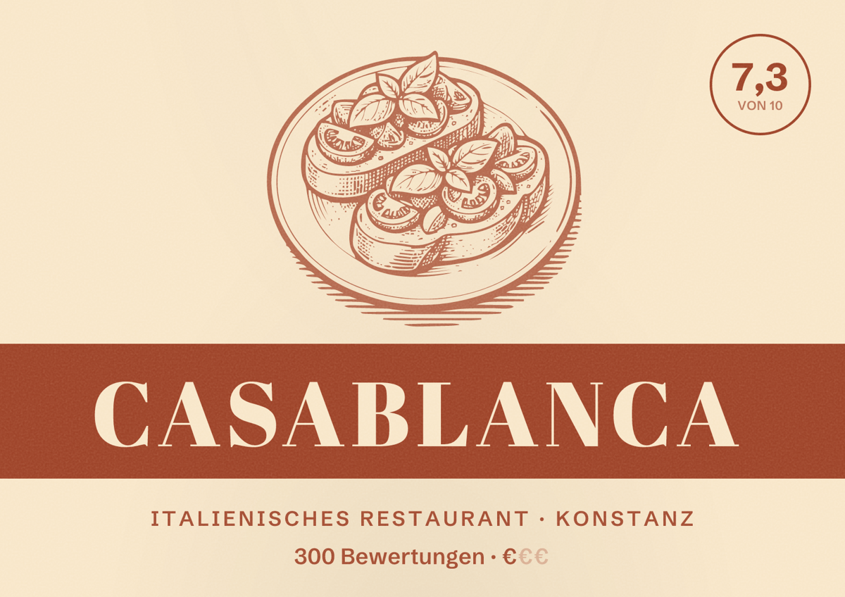 Illustriertes Poster von Casablanca, Italienisches Restaurant in Konstanz: Bewertung 7,3 von 10 aus 300 Bewertungen, Preisniveau €